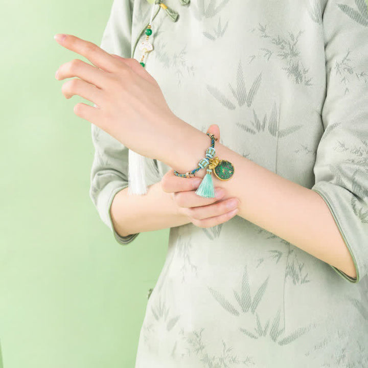 Buddha Stones Handgewebtes Armband aus fünffarbiger Kordel, Glücksgrün, Brokat, Zongzi-Apfel-Geldbeutel, chinesischem Schlossanhänger und Kürbis - image 16