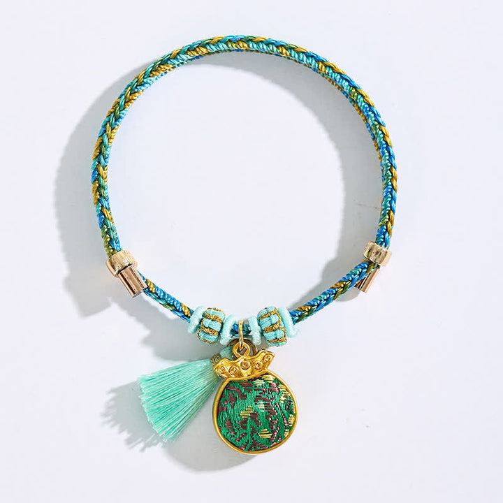 Buddha Stones Handgewebtes Armband aus fünffarbiger Kordel, Glücksgrün, Brokat, Zongzi-Apfel-Geldbeutel, chinesischem Schlossanhänger und Kürbis - image 15