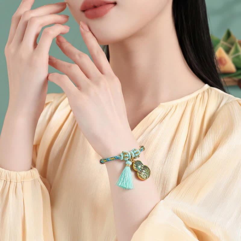 Buddha Stones Handgewebtes Armband aus fünffarbiger Kordel, Glücksgrün, Brokat, Zongzi-Apfel-Geldbeutel, chinesischem Schlossanhänger und Kürbis - image 23