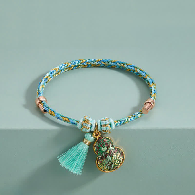 Buddha Stones Handgewebtes Armband aus fünffarbiger Kordel, Glücksgrün, Brokat, Zongzi-Apfel-Geldbeutel, chinesischem Schlossanhänger und Kürbis - image 22