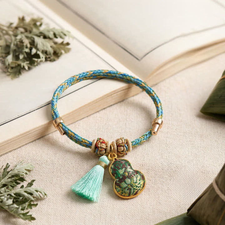 Buddha Stones Handgewebtes Armband aus fünffarbiger Kordel, Glücksgrün, Brokat, Zongzi-Apfel-Geldbeutel, chinesischem Schlossanhänger und Kürbis - image 21