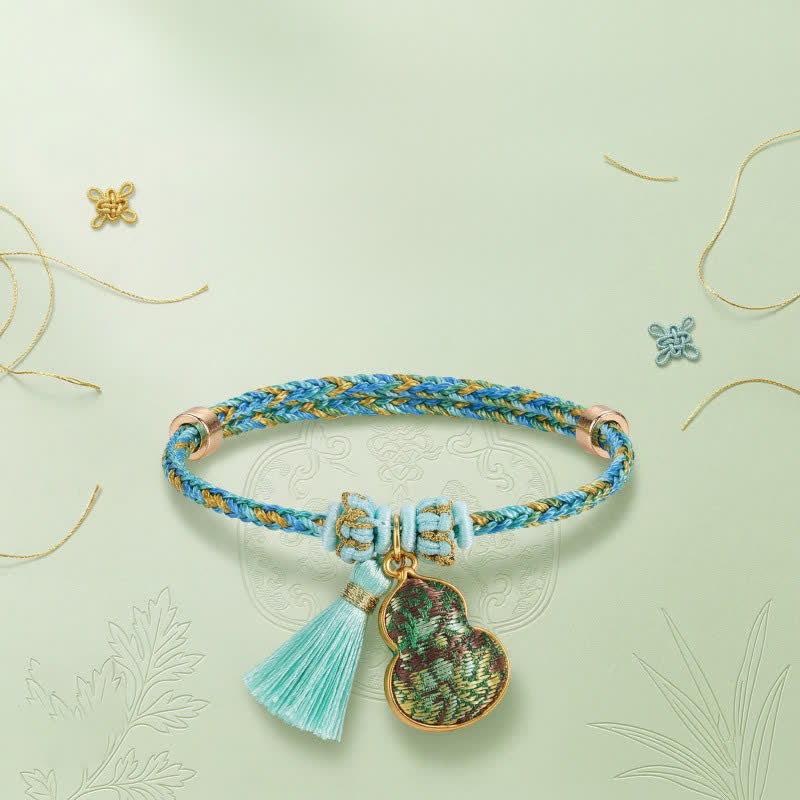 Buddha Stones Handgewebtes Armband aus fünffarbiger Kordel, Glücksgrün, Brokat, Zongzi-Apfel-Geldbeutel, chinesischem Schlossanhänger und Kürbis - image 24