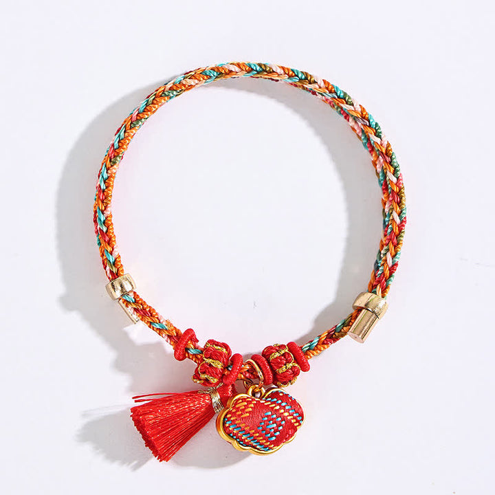 Buddha Stones Handgefertigtes Armband aus fünffarbiger Kordel mit Glücksbringer, rotem Brokat, chinesischem Schlossanhänger, Apfel-Geldbeutel, Kürbis-Zongzi-Motiv - image 2
