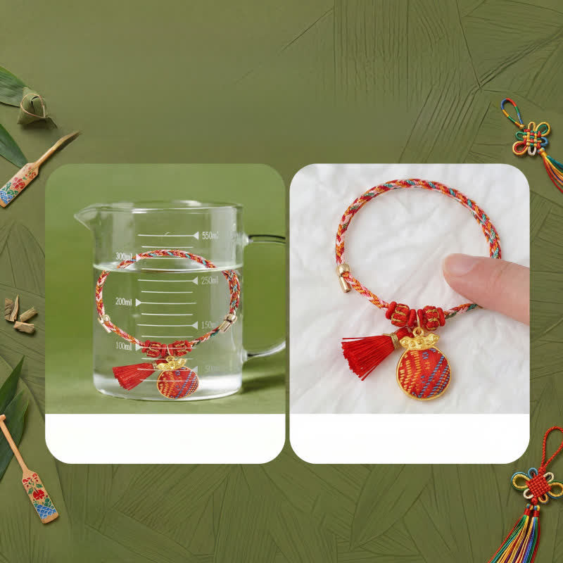 Buddha Stones Handgefertigtes Armband aus fünffarbiger Kordel mit Glücksbringer, rotem Brokat, chinesischem Schlossanhänger, Apfel-Geldbeutel, Kürbis-Zongzi-Motiv - image 10