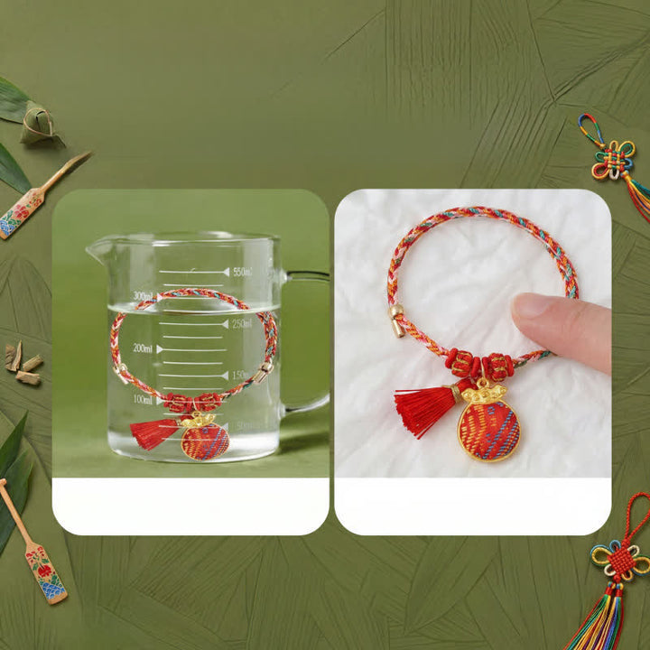Buddha Stones Handgefertigtes Armband aus fünffarbiger Kordel mit Glücksbringer, rotem Brokat, chinesischem Schlossanhänger, Apfel-Geldbeutel, Kürbis-Zongzi-Motiv - image 10