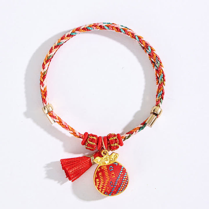 Buddha Stones Handgefertigtes Armband aus fünffarbiger Kordel mit Glücksbringer, rotem Brokat, chinesischem Schlossanhänger, Apfel-Geldbeutel, Kürbis-Zongzi-Motiv - image 7