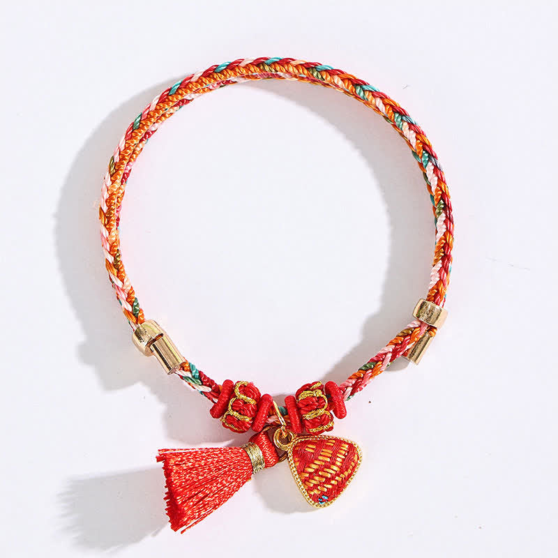 Buddha Stones Handgefertigtes Armband aus fünffarbiger Kordel mit Glücksbringer, rotem Brokat, chinesischem Schlossanhänger, Apfel-Geldbeutel, Kürbis-Zongzi-Motiv - image 18