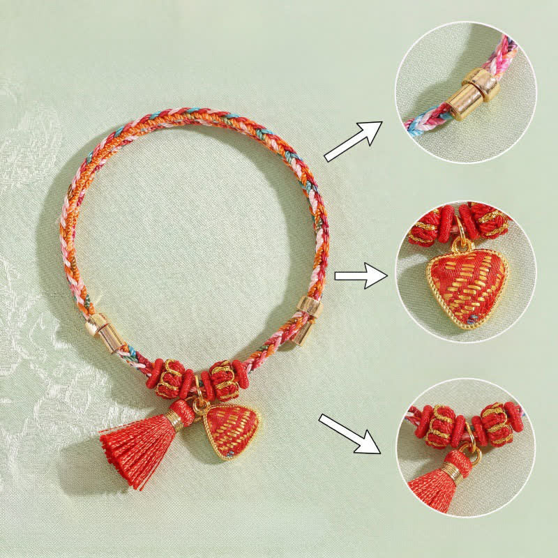 Buddha Stones Handgefertigtes Armband aus fünffarbiger Kordel mit Glücksbringer, rotem Brokat, chinesischem Schlossanhänger, Apfel-Geldbeutel, Kürbis-Zongzi-Motiv - image 22