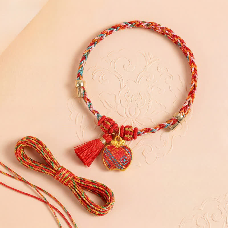 Buddha Stones Handgefertigtes Armband aus fünffarbiger Kordel mit Glücksbringer, rotem Brokat, chinesischem Schlossanhänger, Apfel-Geldbeutel, Kürbis-Zongzi-Motiv - image 25