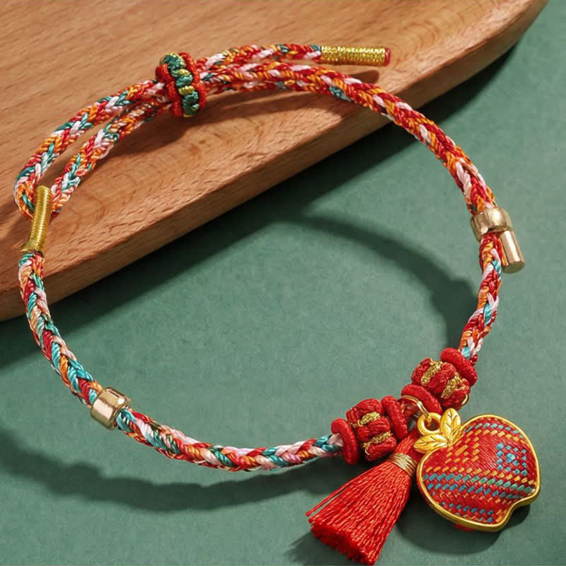 Buddha Stones Handgefertigtes Armband aus fünffarbiger Kordel mit Glücksbringer, rotem Brokat, chinesischem Schlossanhänger, Apfel-Geldbeutel, Kürbis-Zongzi-Motiv - image 26