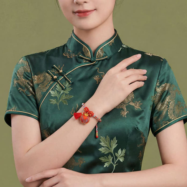 Buddha Stones Handgefertigtes Armband aus fünffarbiger Kordel mit Glücksbringer, rotem Brokat, chinesischem Schlossanhänger, Apfel-Geldbeutel, Kürbis-Zongzi-Motiv - image 35