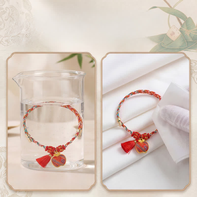 Buddha Stones Handgefertigtes Armband aus fünffarbiger Kordel mit Glücksbringer, rotem Brokat, chinesischem Schlossanhänger, Apfel-Geldbeutel, Kürbis-Zongzi-Motiv - image 38
