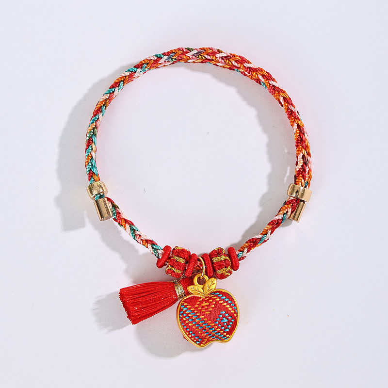 Buddha Stones Handgefertigtes Armband aus fünffarbiger Kordel mit Glücksbringer, rotem Brokat, chinesischem Schlossanhänger, Apfel-Geldbeutel, Kürbis-Zongzi-Motiv - image 30