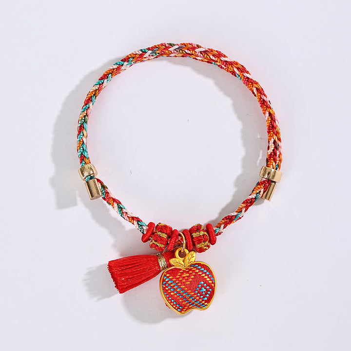 Buddha Stones Handgefertigtes Armband aus fünffarbiger Kordel mit Glücksbringer, rotem Brokat, chinesischem Schlossanhänger, Apfel-Geldbeutel, Kürbis-Zongzi-Motiv - image 30