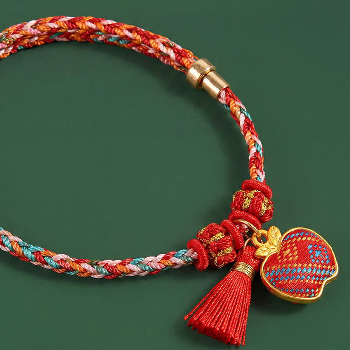 Buddha Stones Handgefertigtes Armband aus fünffarbiger Kordel mit Glücksbringer, rotem Brokat, chinesischem Schlossanhänger, Apfel-Geldbeutel, Kürbis-Zongzi-Motiv - image 33
