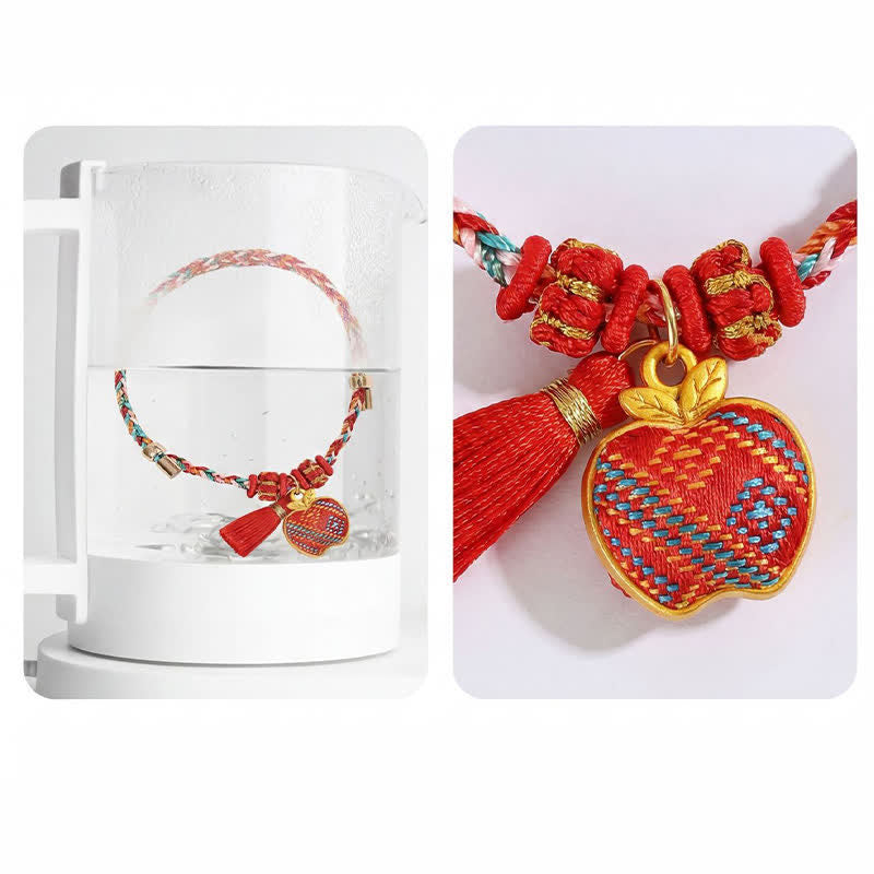 Buddha Stones Handgefertigtes Armband aus fünffarbiger Kordel mit Glücksbringer, rotem Brokat, chinesischem Schlossanhänger, Apfel-Geldbeutel, Kürbis-Zongzi-Motiv - image 39