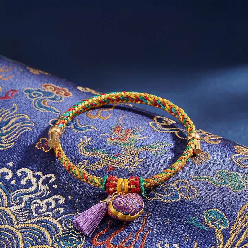 Buddha Stones Handgewebtes Armband mit fünffarbiger Kordel, Glückslila, Brokat, chinesischem Schloss-Anhänger, Apfel-Geldbeutel, Kürbis-Zongzi-Anhänger, verstellbar - Chinesischer Schlossanhänger (gleicher Farbton – Muster variiert) - image 0