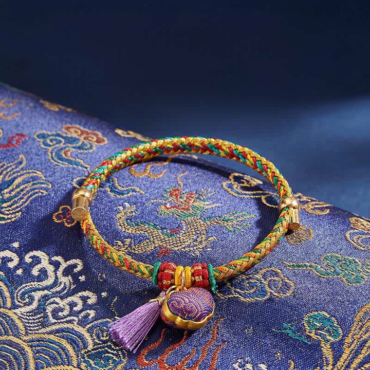 Buddha Stones Handgewebtes Armband mit fünffarbiger Kordel, Glückslila, Brokat, chinesischem Schloss-Anhänger, Apfel-Geldbeutel, Kürbis-Zongzi-Anhänger, verstellbar - Chinesischer Schlossanhänger (gleicher Farbton – Muster variiert) - image 0