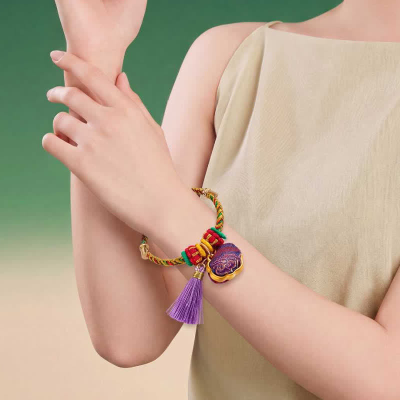 Buddha Stones Handgewebtes Armband mit fünffarbiger Kordel, Glückslila, Brokat, chinesischem Schloss-Anhänger, Apfel-Geldbeutel, Kürbis-Zongzi-Anhänger, verstellbar - image 10