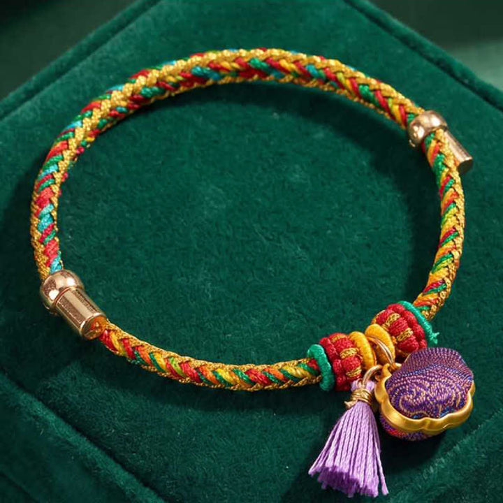 Buddha Stones Handgewebtes Armband mit fünffarbiger Kordel, Glückslila, Brokat, chinesischem Schloss-Anhänger, Apfel-Geldbeutel, Kürbis-Zongzi-Anhänger, verstellbar - image 2