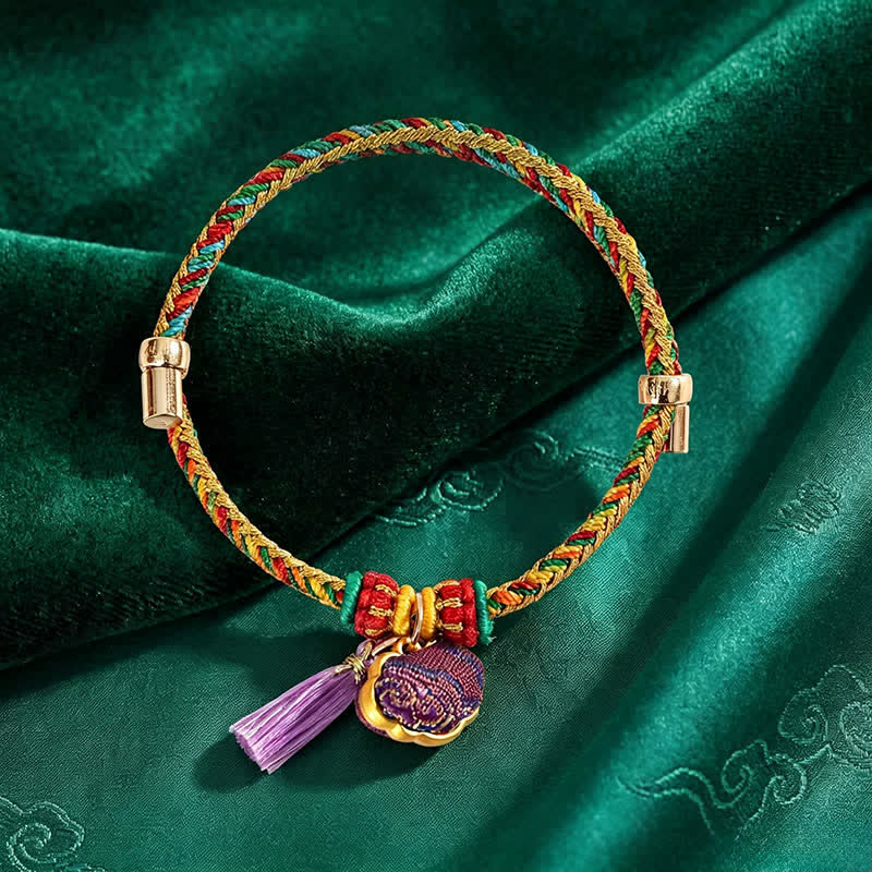Buddha Stones Handgewebtes Armband mit fünffarbiger Kordel, Glückslila, Brokat, chinesischem Schloss-Anhänger, Apfel-Geldbeutel, Kürbis-Zongzi-Anhänger, verstellbar - image 5
