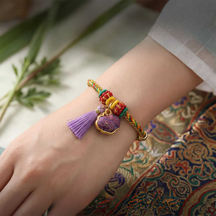 Buddha Stones Handgewebtes Armband mit fünffarbiger Kordel, Glückslila, Brokat, chinesischem Schloss-Anhänger, Apfel-Geldbeutel, Kürbis-Zongzi-Anhänger, verstellbar - image 4