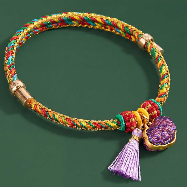 Buddha Stones Handgewebtes Armband mit fünffarbiger Kordel, Glückslila, Brokat, chinesischem Schloss-Anhänger, Apfel-Geldbeutel, Kürbis-Zongzi-Anhänger, verstellbar - image 9