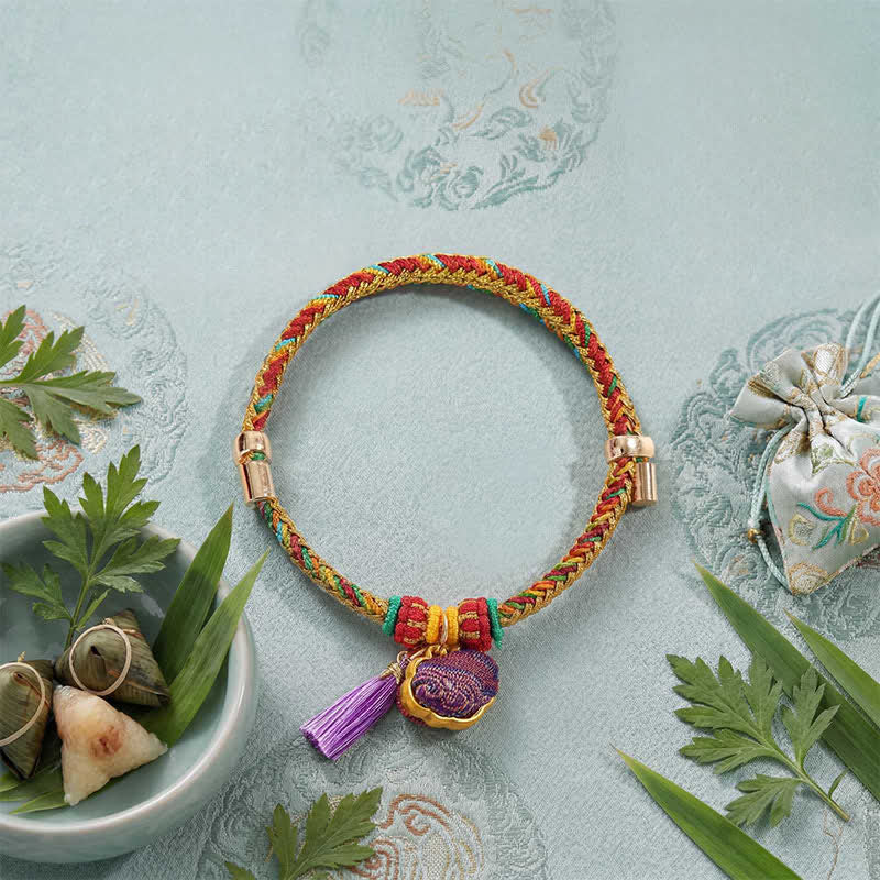 Buddha Stones Handgewebtes Armband mit fünffarbiger Kordel, Glückslila, Brokat, chinesischem Schloss-Anhänger, Apfel-Geldbeutel, Kürbis-Zongzi-Anhänger, verstellbar - image 7