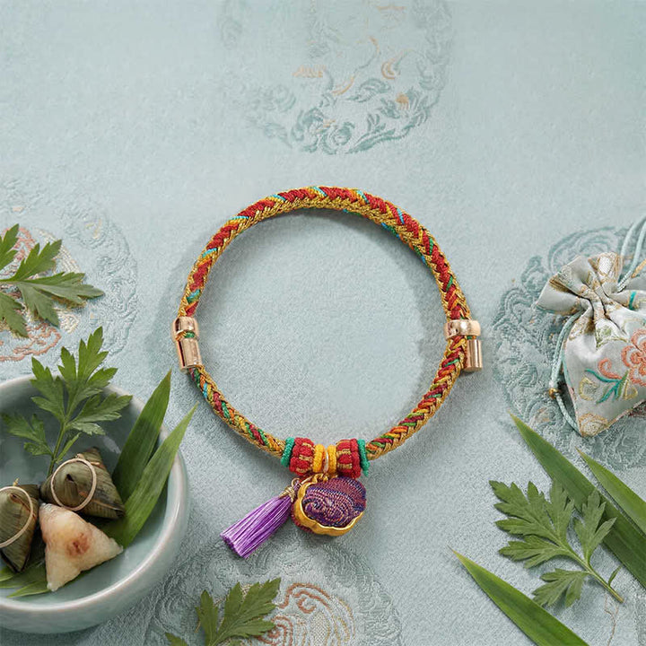 Buddha Stones Handgewebtes Armband mit fünffarbiger Kordel, Glückslila, Brokat, chinesischem Schloss-Anhänger, Apfel-Geldbeutel, Kürbis-Zongzi-Anhänger, verstellbar - image 7