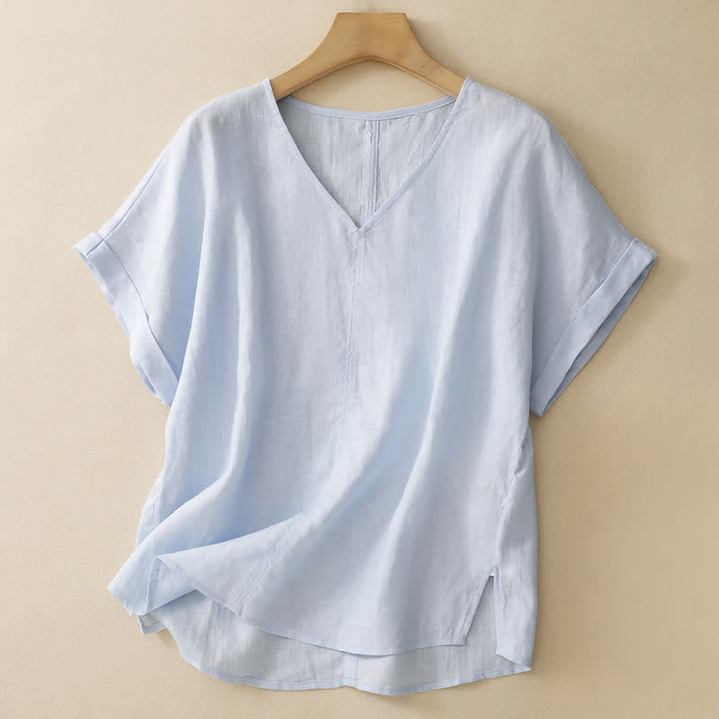 Buddha Stones Lässiges, minimalistisches Kurzarm-T-Shirt für Damen mit Seitenschlitz und V-Ausschnitt - Hellblau - US8-10, UK/AU12-14, EU40-42 (2XL) - image 0