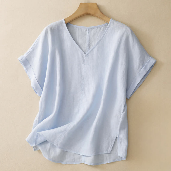 Buddha Stones Lässiges, minimalistisches Kurzarm-T-Shirt für Damen mit Seitenschlitz und V-Ausschnitt - Hellblau - US8-10, UK/AU12-14, EU40-42 (2XL) - image 0