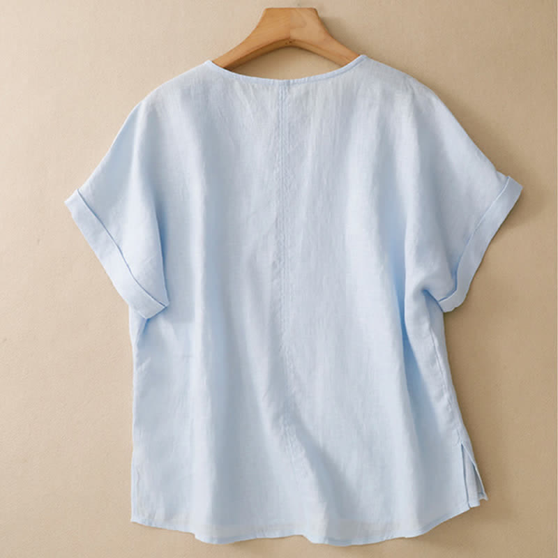 Buddha Stones Lässiges, minimalistisches Kurzarm-T-Shirt für Damen mit Seitenschlitz und V-Ausschnitt - image 1
