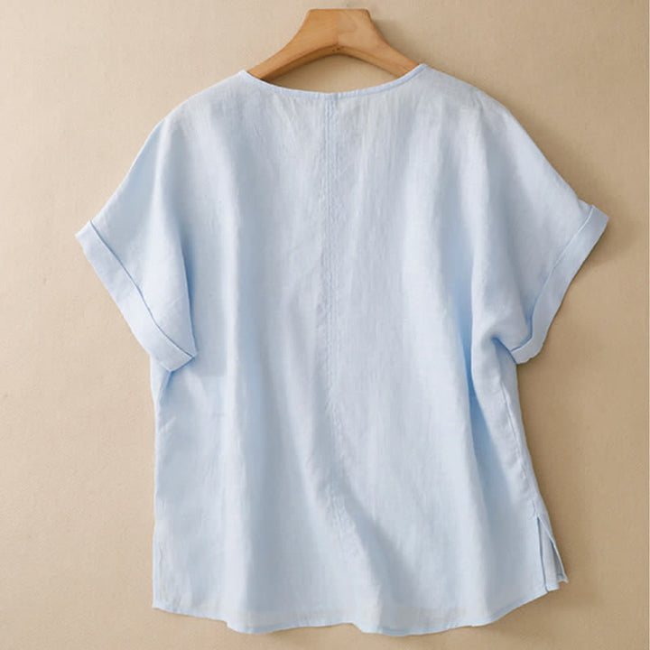 Buddha Stones Lässiges, minimalistisches Kurzarm-T-Shirt für Damen mit Seitenschlitz und V-Ausschnitt - image 1
