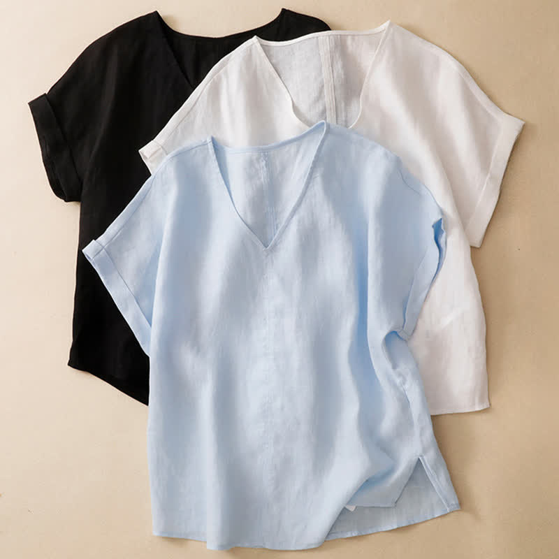 Buddha Stones Lässiges, minimalistisches Kurzarm-T-Shirt für Damen mit Seitenschlitz und V-Ausschnitt - image 18