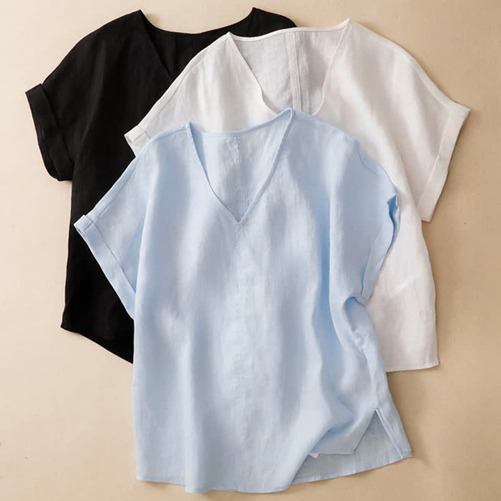 Buddha Stones Lässiges, minimalistisches Kurzarm-T-Shirt für Damen mit Seitenschlitz und V-Ausschnitt - image 18