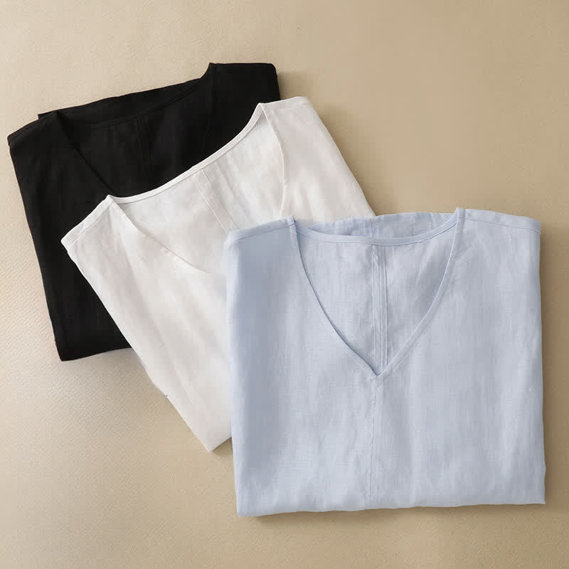 Buddha Stones Lässiges, minimalistisches Kurzarm-T-Shirt für Damen mit Seitenschlitz und V-Ausschnitt - image 19