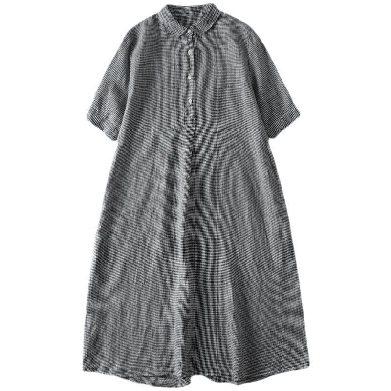 Buddha Stones Sommerliches, lässiges Vintage-Kleid mit Knopfleiste, kariertem Muster und kurzen Ärmeln für Damen - image 4