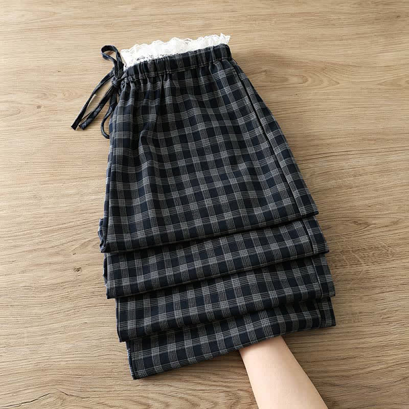Buddha Stones Sommerliche, lässige Vintage-Baumwollhose mit Kordelzug, Karomuster und Spitzenbesatz, lange Hose für Damen, weites Bein und Taschen - image 1