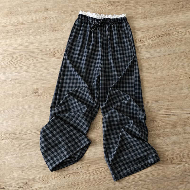 Buddha Stones Sommerliche, lässige Vintage-Baumwollhose mit Kordelzug, Karomuster und Spitzenbesatz, lange Hose für Damen, weites Bein und Taschen - Marine - US8-10, UK/AU12-14, EU40-42 (2XL) - image 0