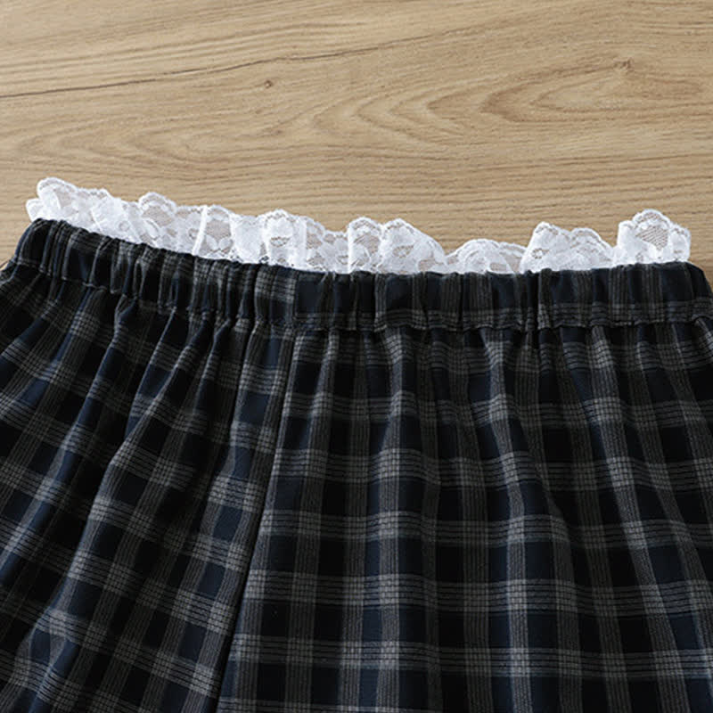 Buddha Stones Sommerliche, lässige Vintage-Baumwollhose mit Kordelzug, Karomuster und Spitzenbesatz, lange Hose für Damen, weites Bein und Taschen - image 3