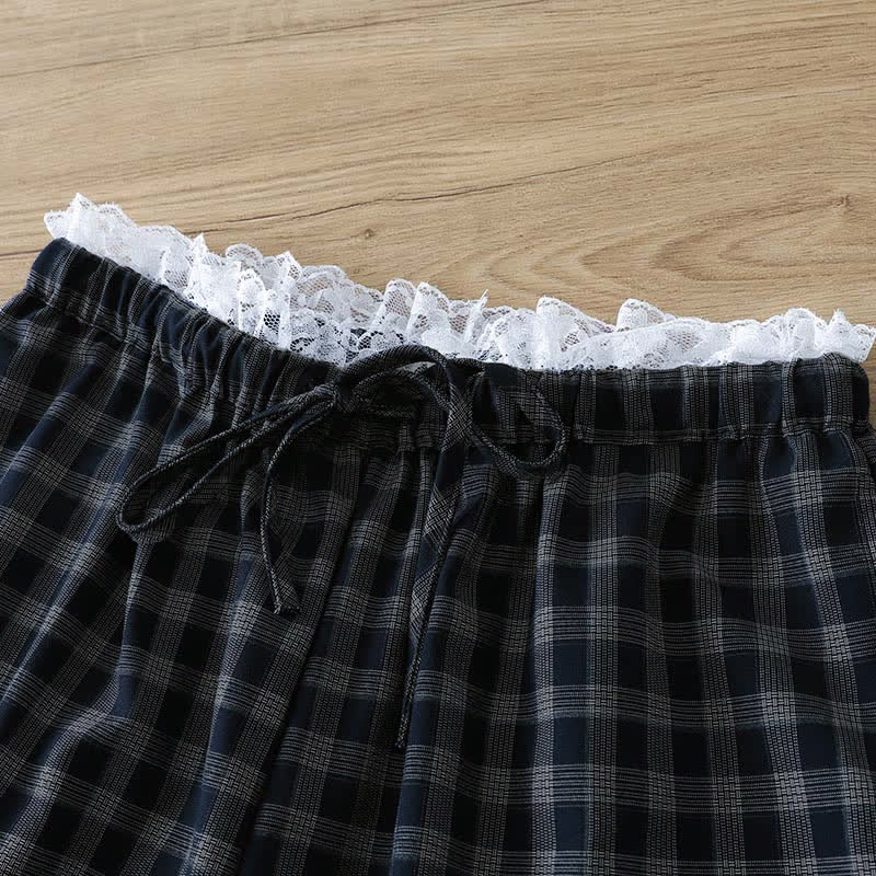 Buddha Stones Sommerliche, lässige Vintage-Baumwollhose mit Kordelzug, Karomuster und Spitzenbesatz, lange Hose für Damen, weites Bein und Taschen - image 2