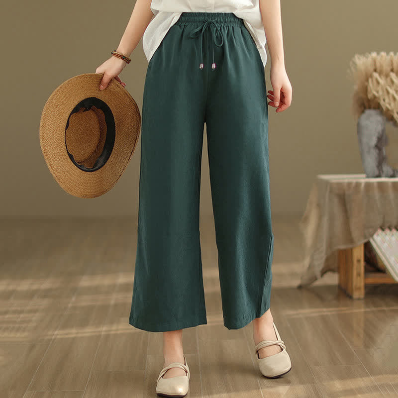 Buddha Stones Lässige, minimalistische Sommerhose aus einfarbigem Baumwollstoff mit Kordelzug, kurzem Bein und Tasche - image 2