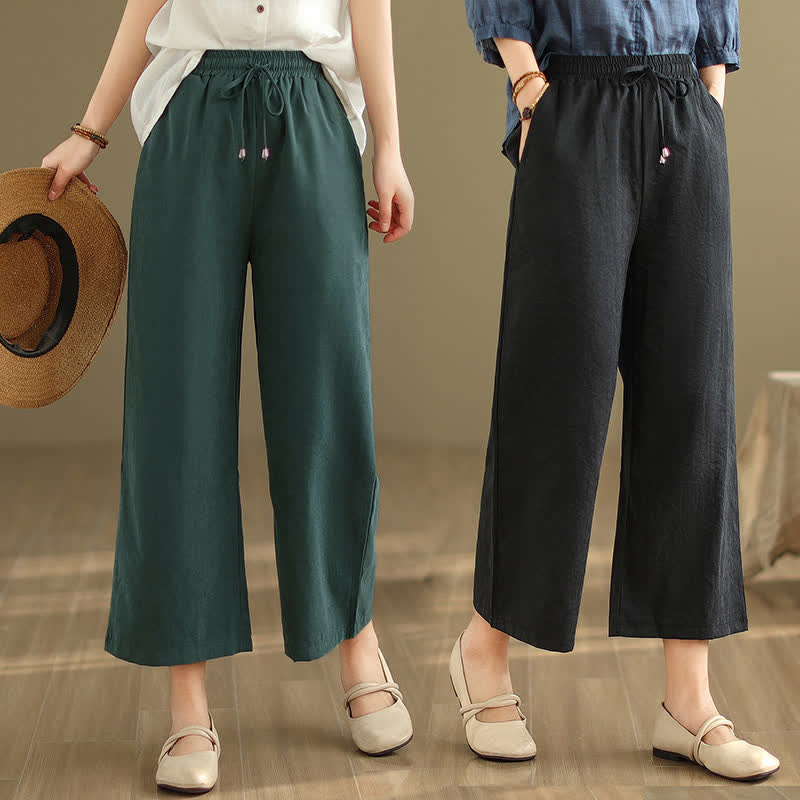 Buddha Stones Lässige, minimalistische Sommerhose aus einfarbigem Baumwollstoff mit Kordelzug, kurzem Bein und Tasche - image 6