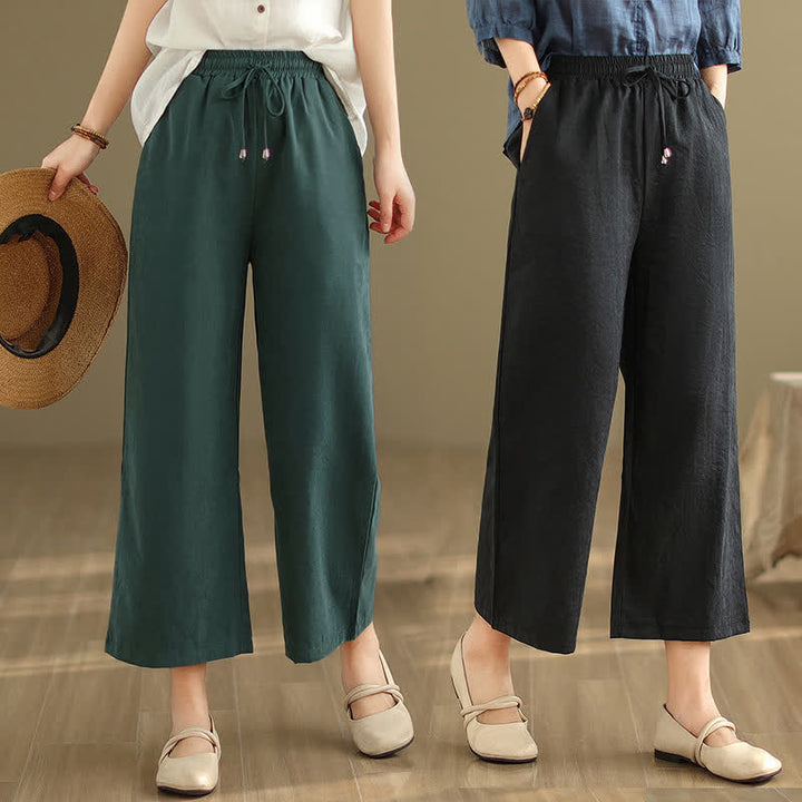 Buddha Stones Lässige, minimalistische Sommerhose aus einfarbigem Baumwollstoff mit Kordelzug, kurzem Bein und Tasche - image 6