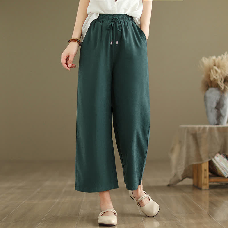 Buddha Stones Lässige, minimalistische Sommerhose aus einfarbigem Baumwollstoff mit Kordelzug, kurzem Bein und Tasche - Waldgrün - US8-10, UK/AU12-14, EU40-42 (2XL) - image 0