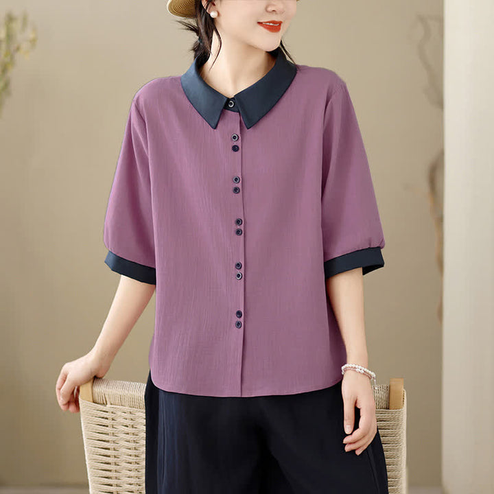 Buddha Stones Elegante, sommerliche Kurzarmbluse für Damen mit Kontrastkragen und Knopfleiste. - Mittelviolett - US8-10, UK/AU12-14, EU40-42 (2XL) - image 0