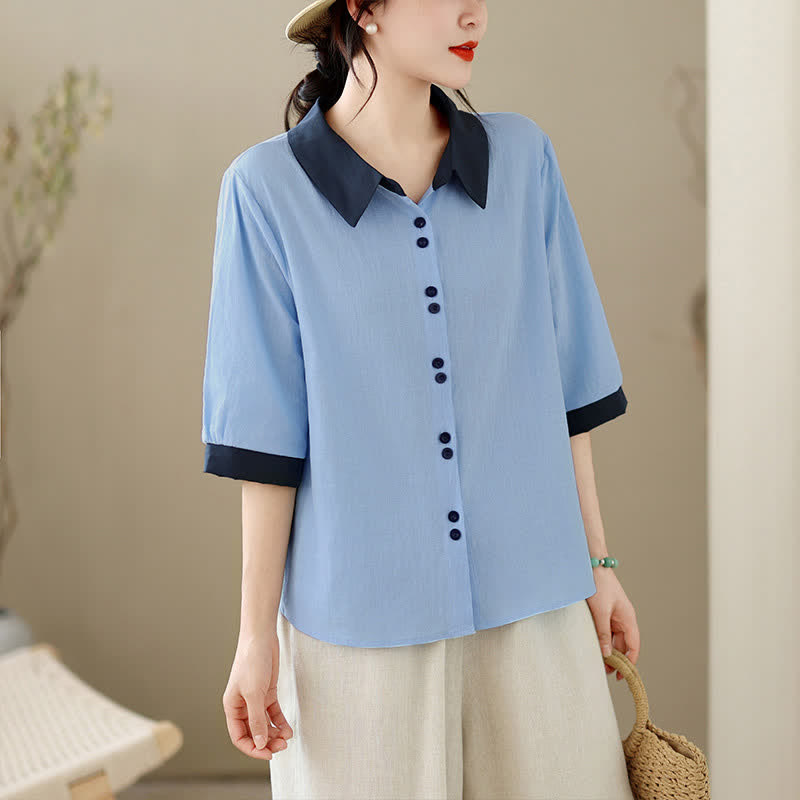 Buddha Stones Elegante, sommerliche Kurzarmbluse für Damen mit Kontrastkragen und Knopfleiste. - Hellblau - US8-10, UK/AU12-14, EU40-42 (2XL) - image 11