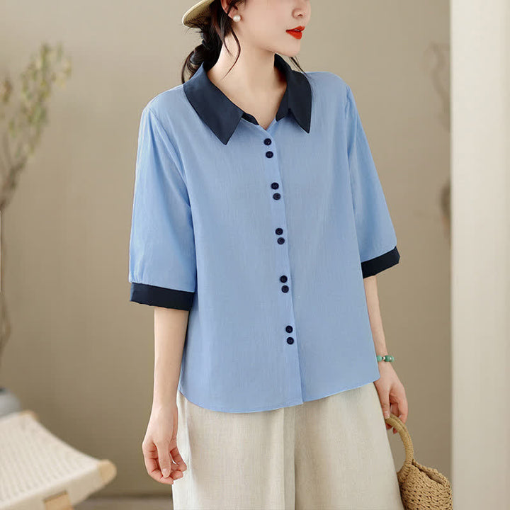Buddha Stones Elegante, sommerliche Kurzarmbluse für Damen mit Kontrastkragen und Knopfleiste. - Hellblau - US8-10, UK/AU12-14, EU40-42 (2XL) - image 11