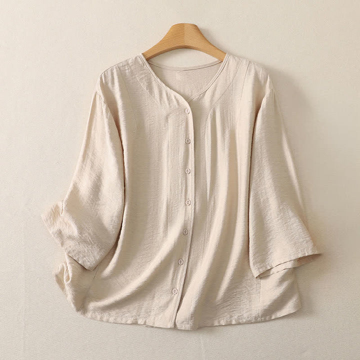 Buddha Stones Lässiges, minimalistisches, einfarbiges Langarmhemd für Damen mit Knopfleiste – Sommerlich - Antikweiß - US12, UK/AU16, EU44 (3XL) - image 9