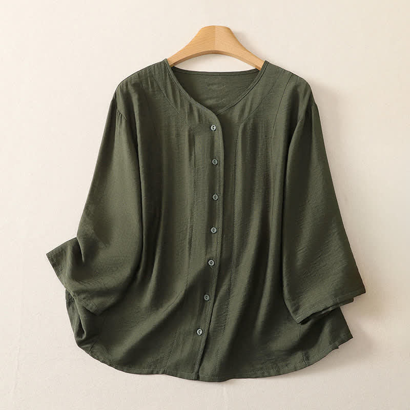 Buddha Stones Lässiges, minimalistisches, einfarbiges Langarmhemd für Damen mit Knopfleiste – Sommerlich - Dunkelolivgrün - US12, UK/AU16, EU44 (3XL) - image 13